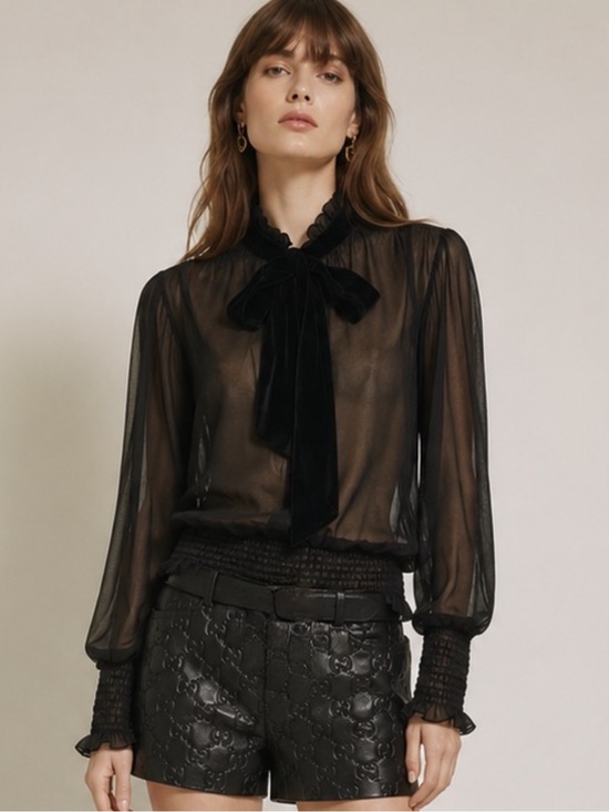 Misa Los Angeles Tops - MISA Los Angeles Black Sheer Velvet Tie Neck Blouse Size Small Women's